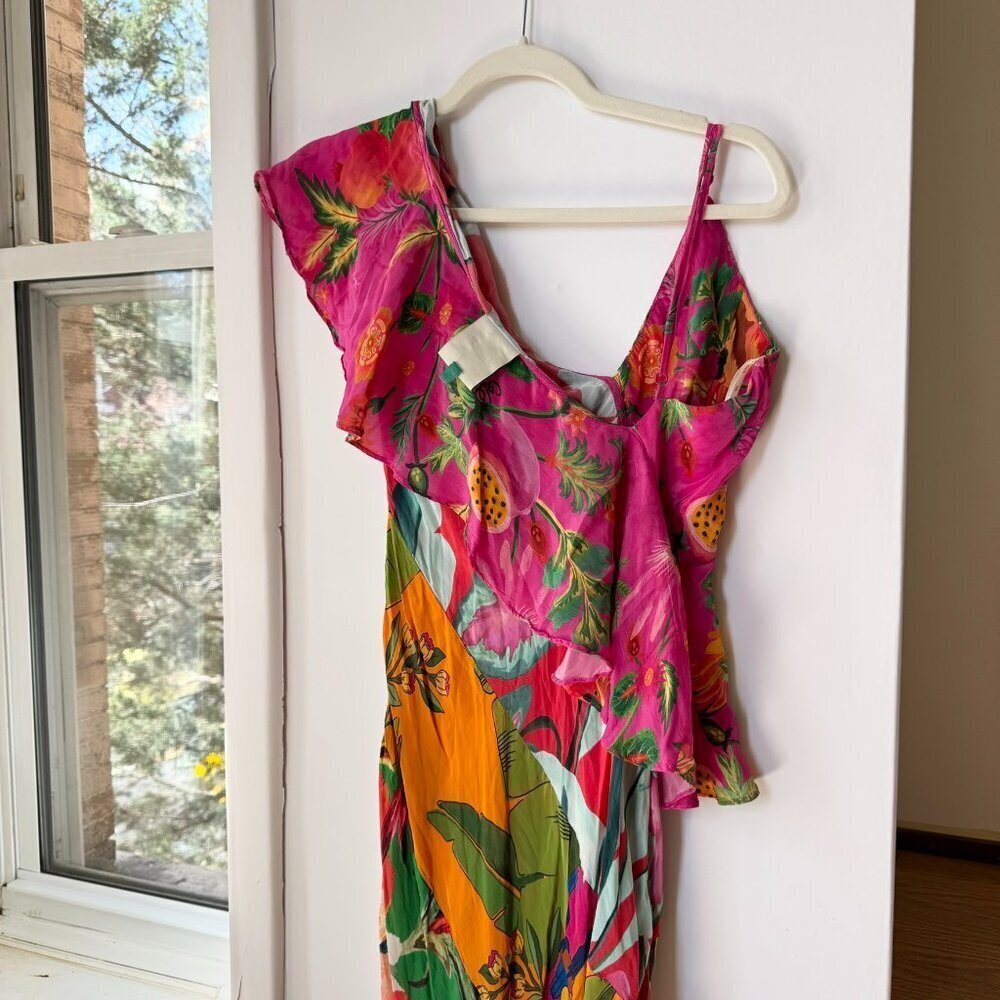Farm Rio Mixed Flowery Ruffle One Shoulder Midi Dress Tropical Floral Medium - Picture 13 of 17